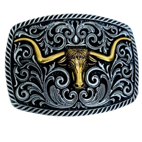 Men’s Texas Longhorn Belt Buckle, Steer Head Western Cowboy, Silver & Brass Tone